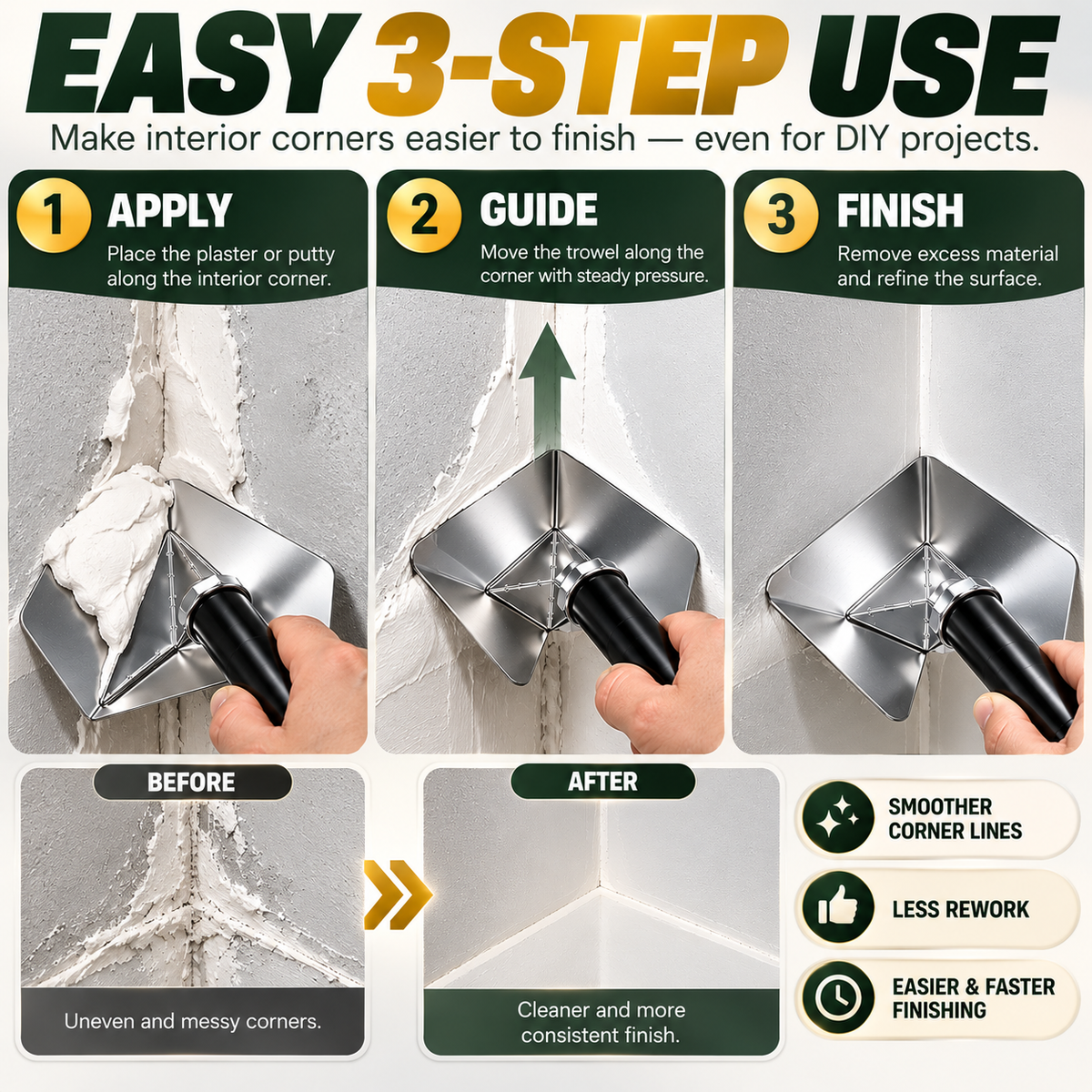 🏠 Corner Finishing Trowel – Stainless Steel Plaster & Putty Tool for Interior Wall Corners
