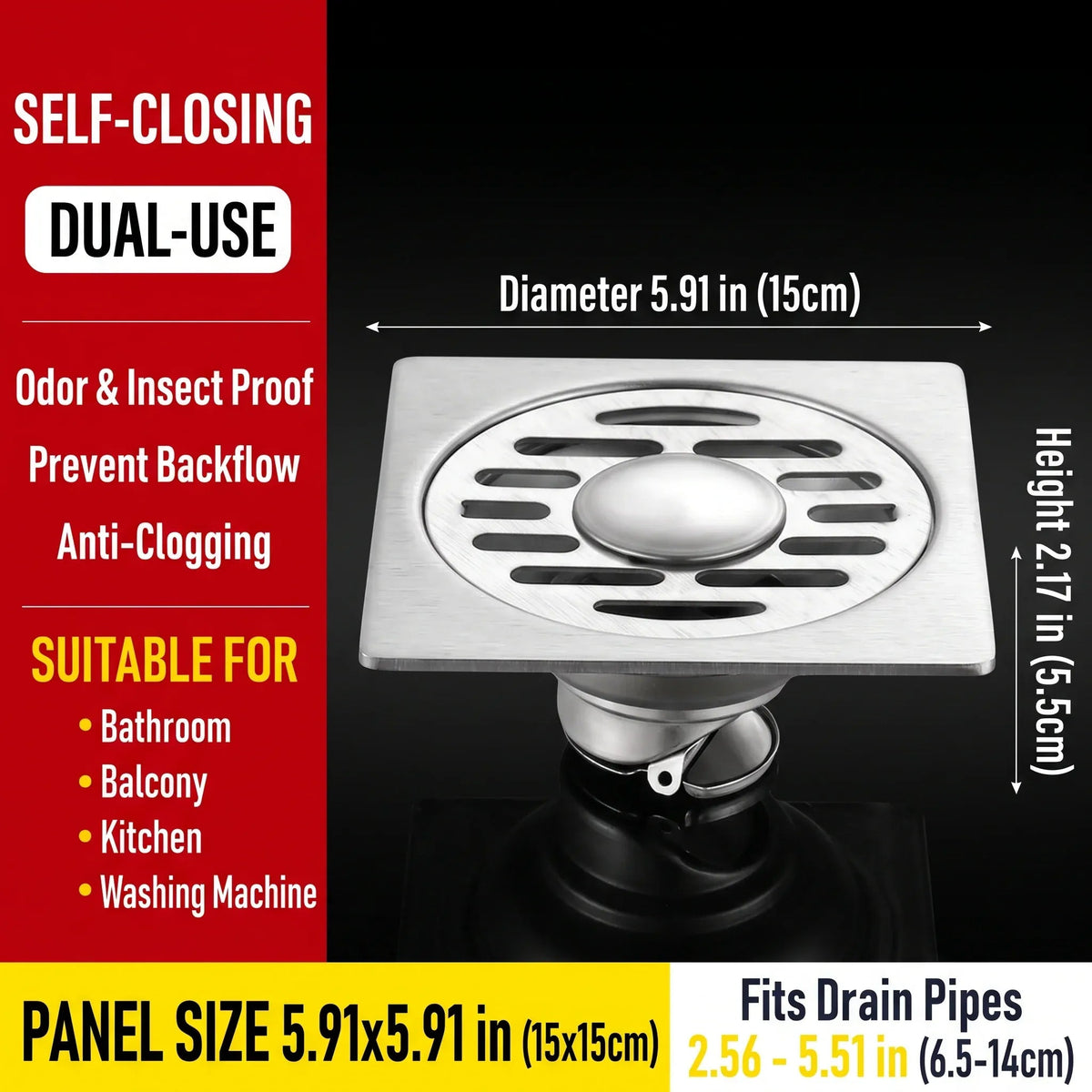 Stainless Steel Floor Drain 🚿 – 3.94' Gravity Seal with Hair Filter & Odor Control