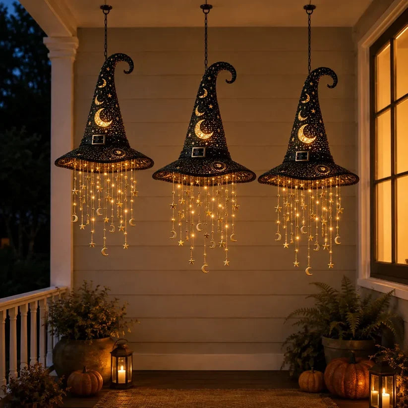Lighted Witch Hat Set with Cascading Stars