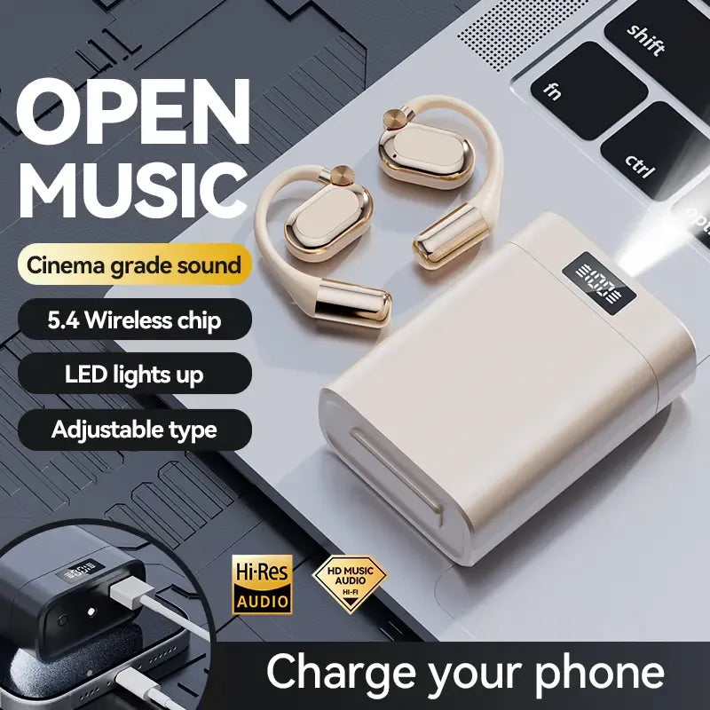 ⚡48% OFF⚡ Open Music Bluetooth Earbuds, Adjustable Open Ear Headphones with LED Charging Case