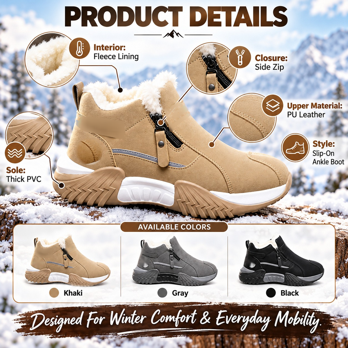 ❄️ Fleece-Lined Winter Snow Boots – Cozy Warm Ankle Boots with Side Zipper & Textured Sole