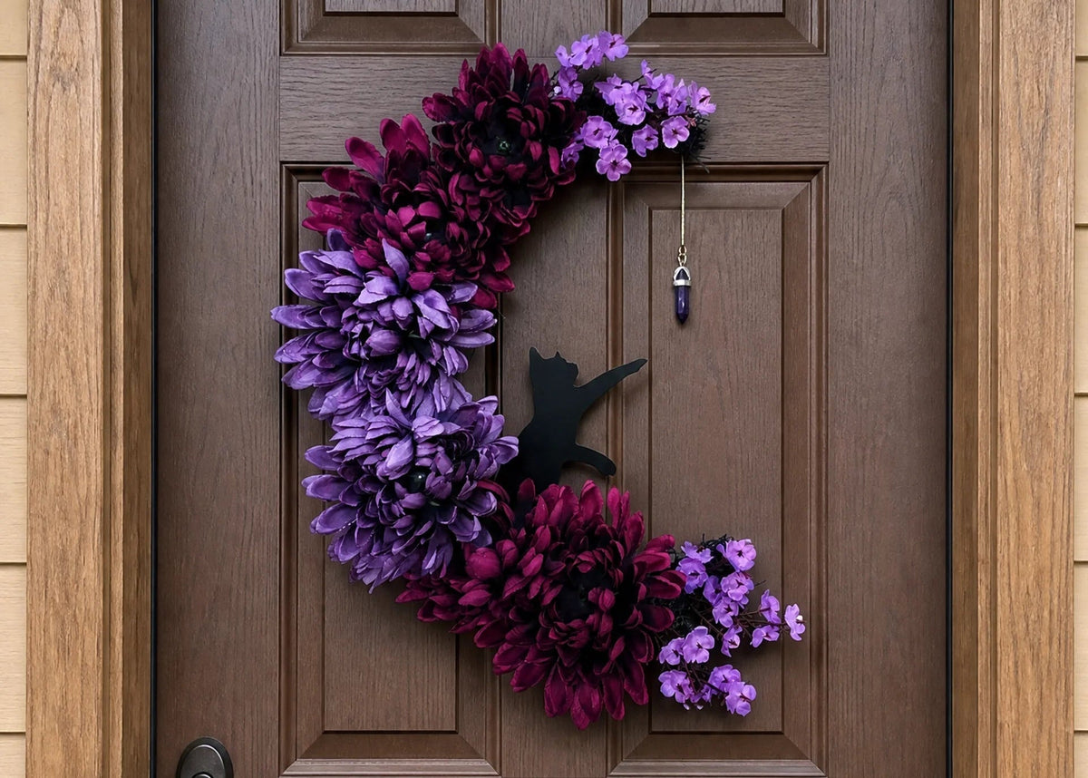 🐈⬛ Gothic Cat Halloween Wreath | Floral Door Decor