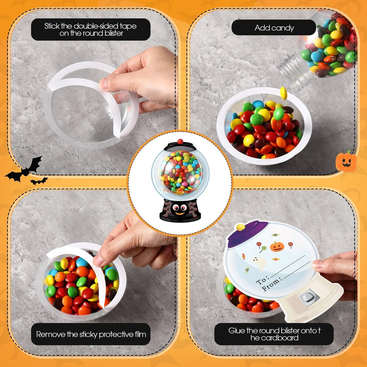Candy Dome Holder Kit – 24/48 Pack DIY Trick-or-Treat Treat Cards with Clear Candy Domes & Stickers