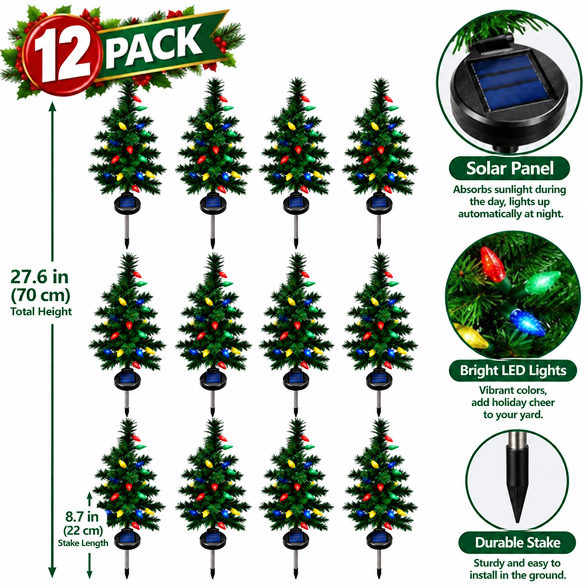 🎄4-Pack Solar Strawberry LED Christmas Pathway Lights, Multicolor✨