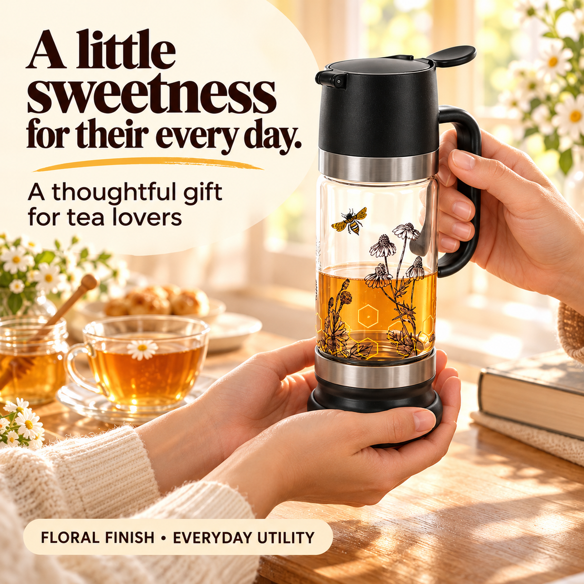 🍯 12 oz Glass Honey & Syrup Dispenser with One-Hand Control