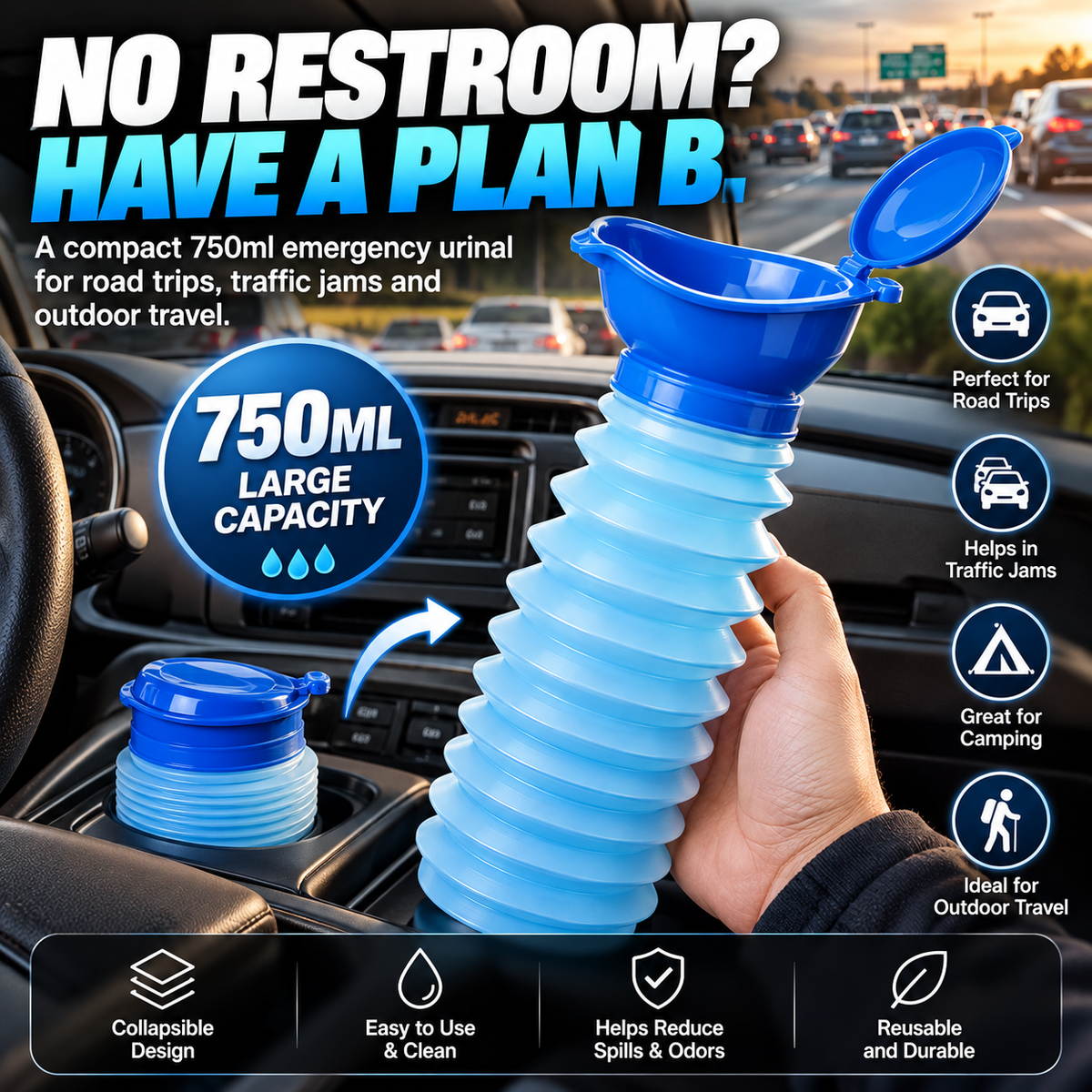 🚗 750ml Retractable Emergency Urinal – Portable Travel & Camping Toilet