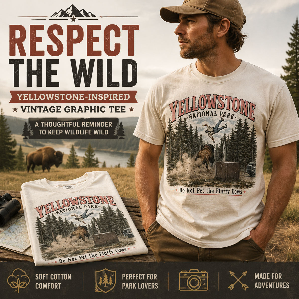 "Do Not Pet The Fluffy Cows T-Shirt" 🏞️ Yellowstone National Park Vintage Bison Graphic Tee