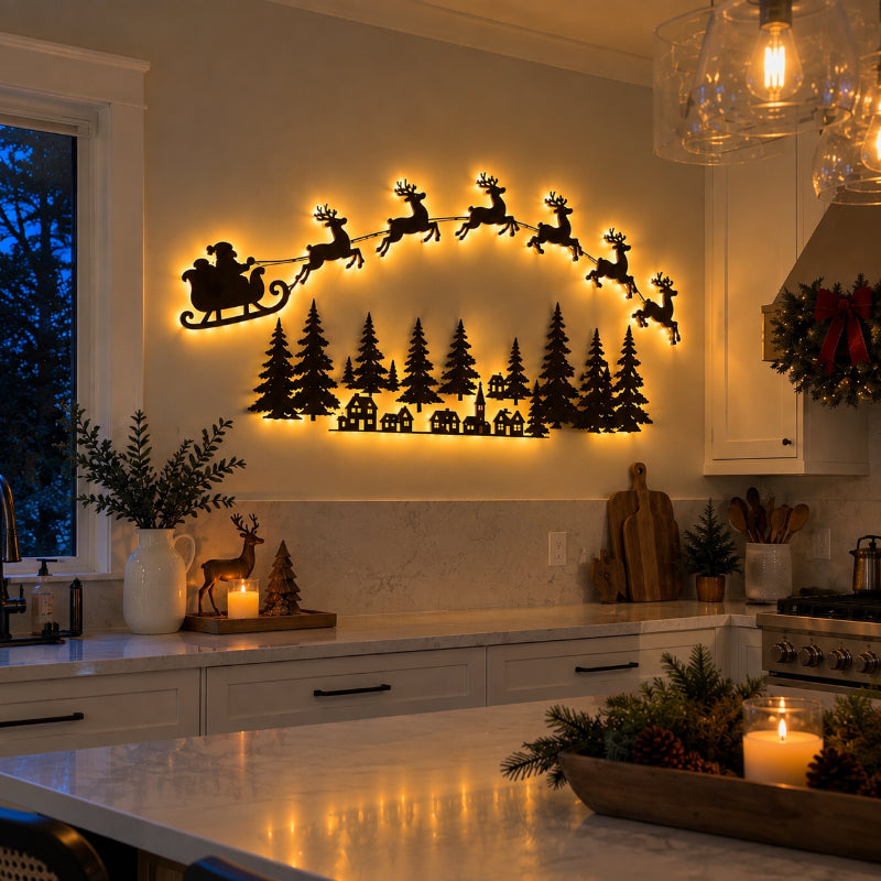 🎅 Christmas Santa Sleigh & Reindeer Press‑On LED Wall Decor | Festive Holiday Wall Art