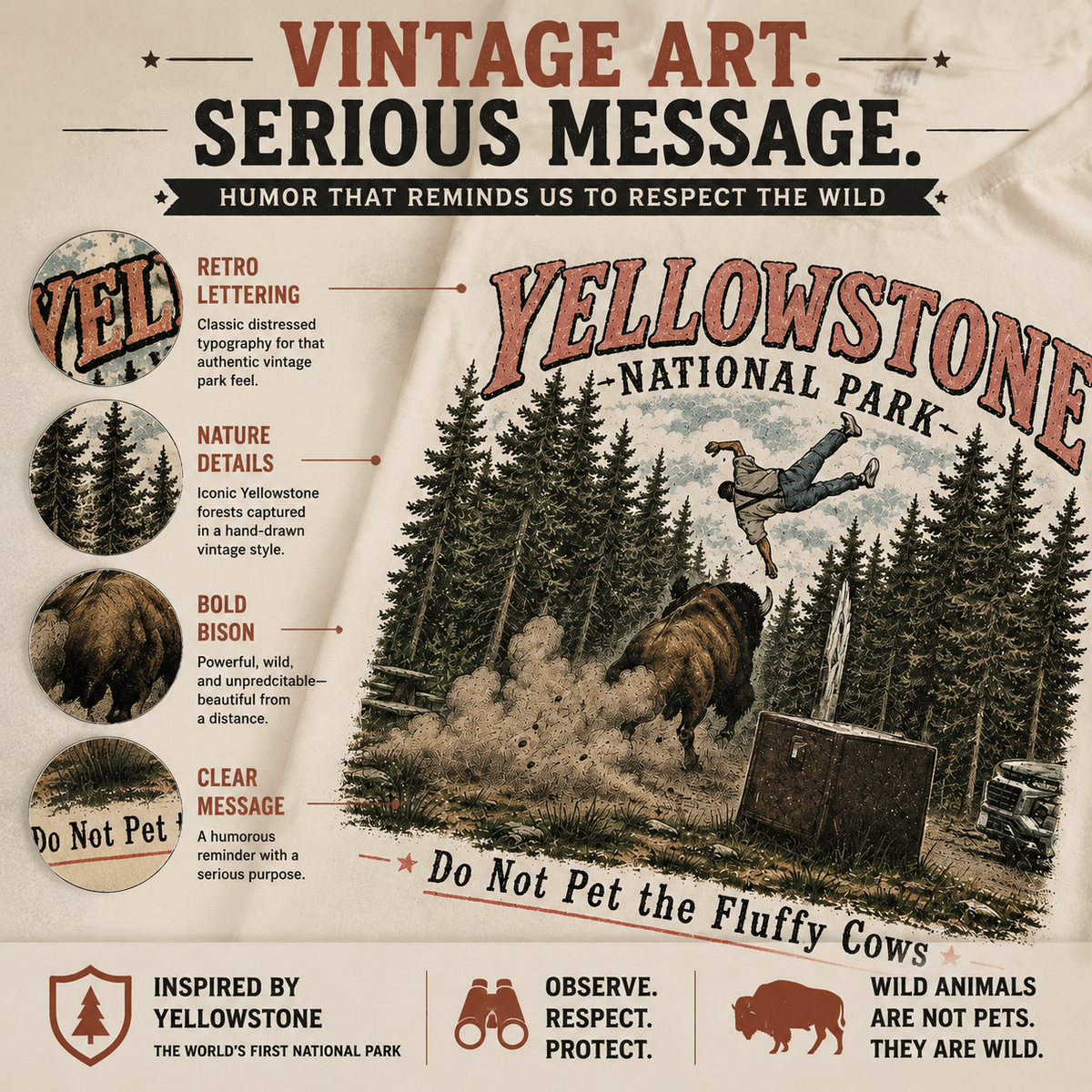 "Do Not Pet The Fluffy Cows T-Shirt" 🏞️ Yellowstone National Park Vintage Bison Graphic Tee