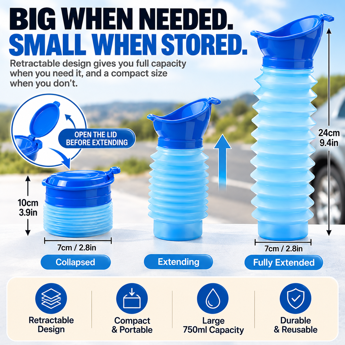🚗 750ml Retractable Emergency Urinal – Portable Travel & Camping Toilet