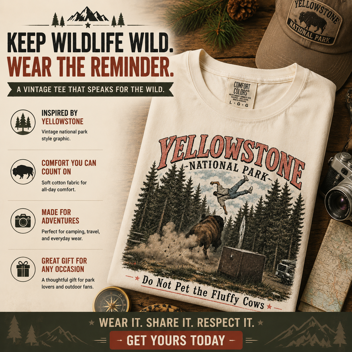 "Do Not Pet The Fluffy Cows T-Shirt" 🏞️ Yellowstone National Park Vintage Bison Graphic Tee
