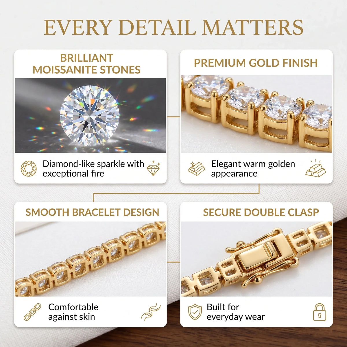 Classic 4mm D-Color Moissanite Tennis Bracelet – 14K Gold Plated with Double Safety Clasp-Last Day Sale-90% OFF🔥