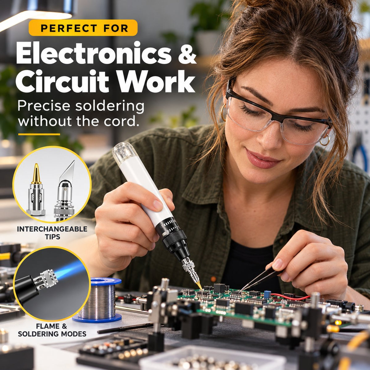 Cordless Butane Soldering Pen 🔥 – 1300°C Flame with Interchangeable Tips