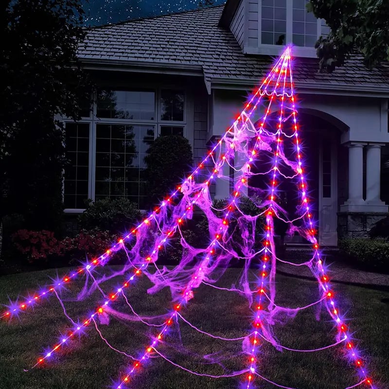 🕷️Light-Up Halloween Spider Web Decor with Timer – Waterproof Purple & Orange LED Spooky Lights for Lawn & Outdoor Party