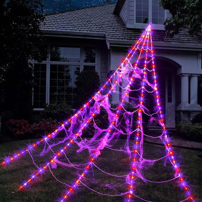 🕷️Light-Up Halloween Spider Web Decor with Timer – Waterproof Purple & Orange LED Spooky Lights for Lawn & Outdoor Party