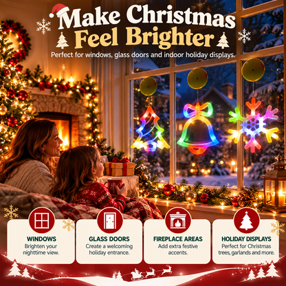 🎄 3-Piece Christmas Window Lights – LED Suction Cup Tree, Bell & Snowflake Decorations