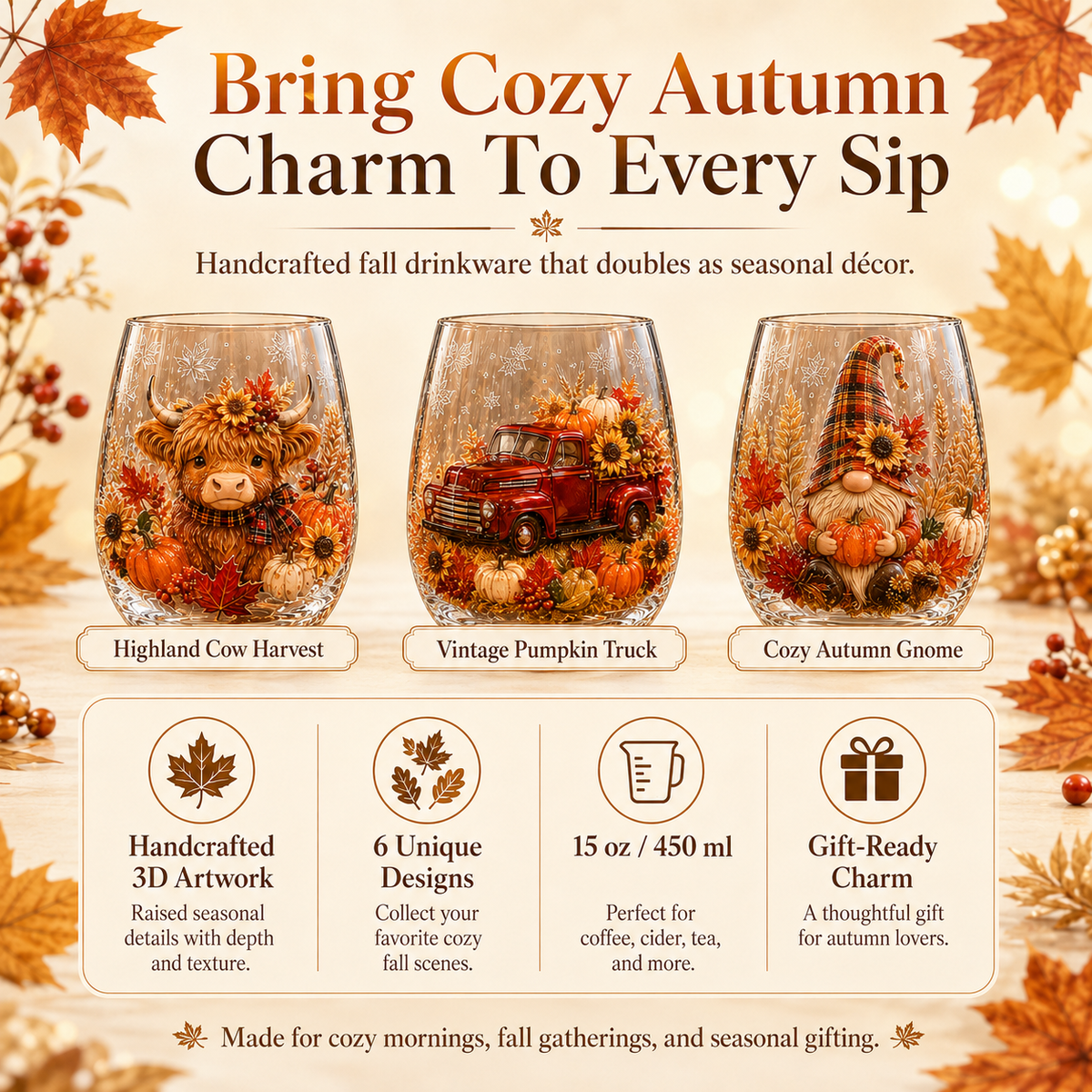 🍂Autumn Harvest 2D Glass Cup Gift Set – 6 Festive Designs