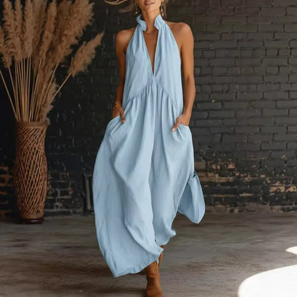 🔥Hot Sale🔥2026 Minimalist Halter Neck Maxi Dress | Casual Loose Fit Summer Dress with Pockets for Women