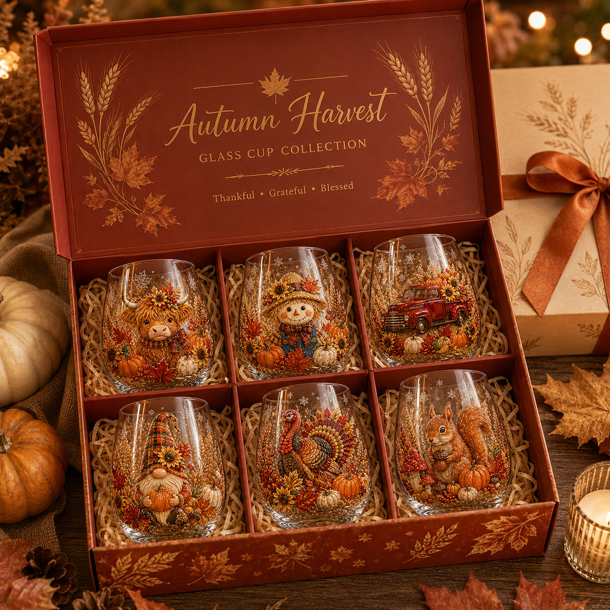 🍂Autumn Harvest 2D Glass Cup Gift Set – 6 Festive Designs
