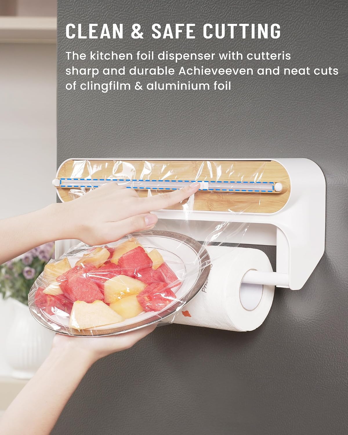🧲49% OFF NOW! 2-in-1 Magnetic Kitchen Wrap Dispenser – Built-in Cutter Plastic Wrap Foil Dispenser with Paper Towel Holder, No Drilling Wall Mount Kitchen Organizer for Fridge & Cabinet