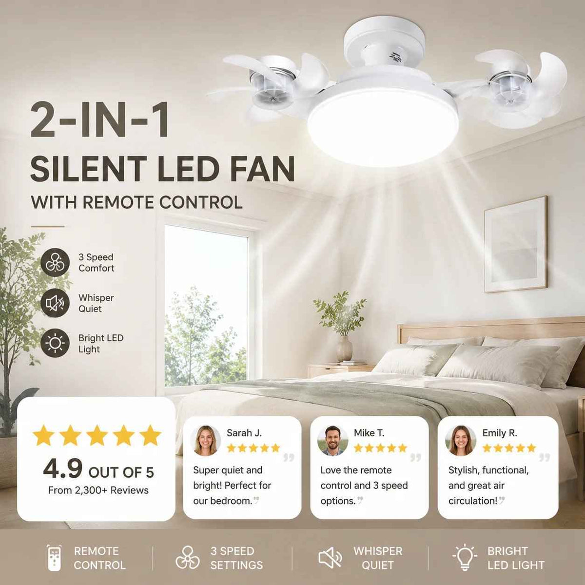 2‐in‐1 Silent LED Fan with Remote Control, Energy‐Saving Cooling & Lighting Combo for Home Bedroom