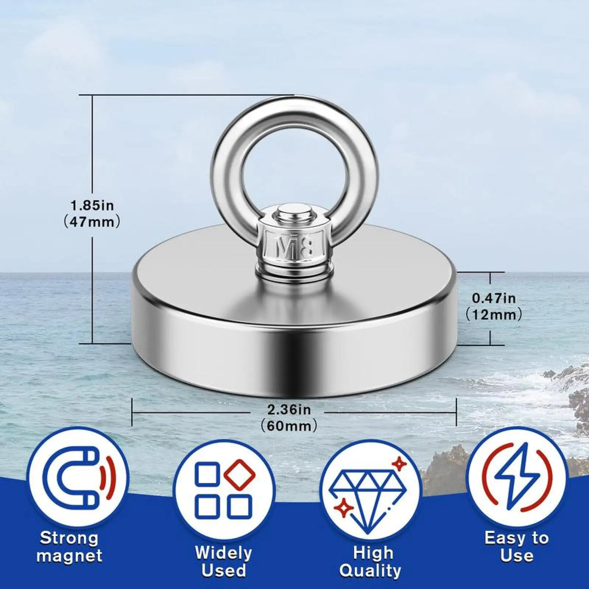 350 LBS Heavy Duty Fishing Magnet, Magnet with Countersunk Eyebolt🧲