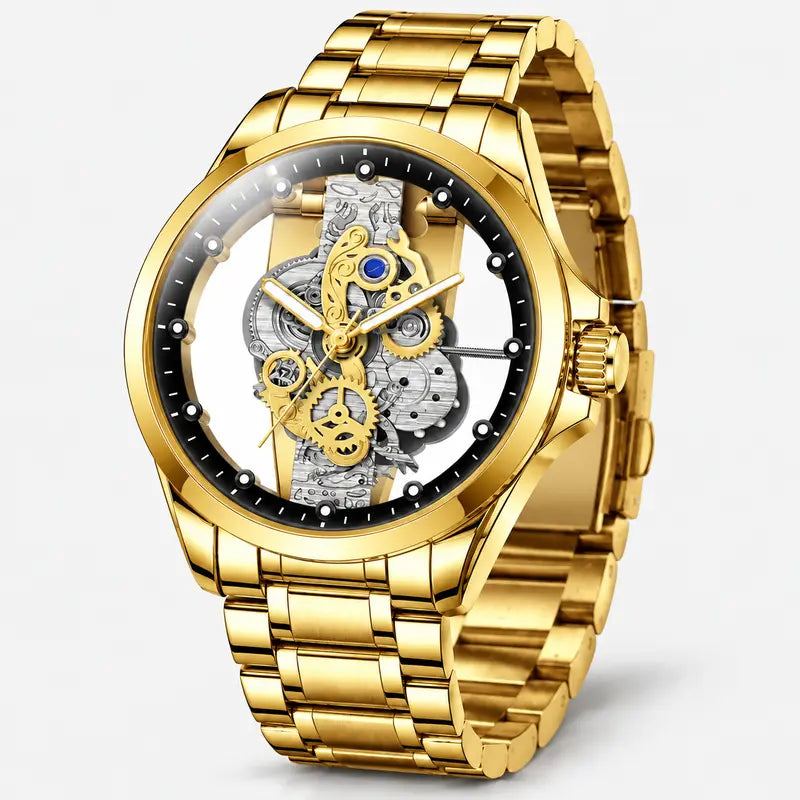 Men's Luxury Skeleton Dial Watch – Stainless Steel Bracelet, Elegant Gold Gear Design & 30M Water Resistant