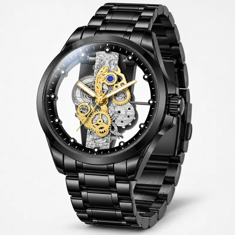 Men's Luxury Skeleton Dial Watch – Stainless Steel Bracelet, Elegant Gold Gear Design & 30M Water Resistant