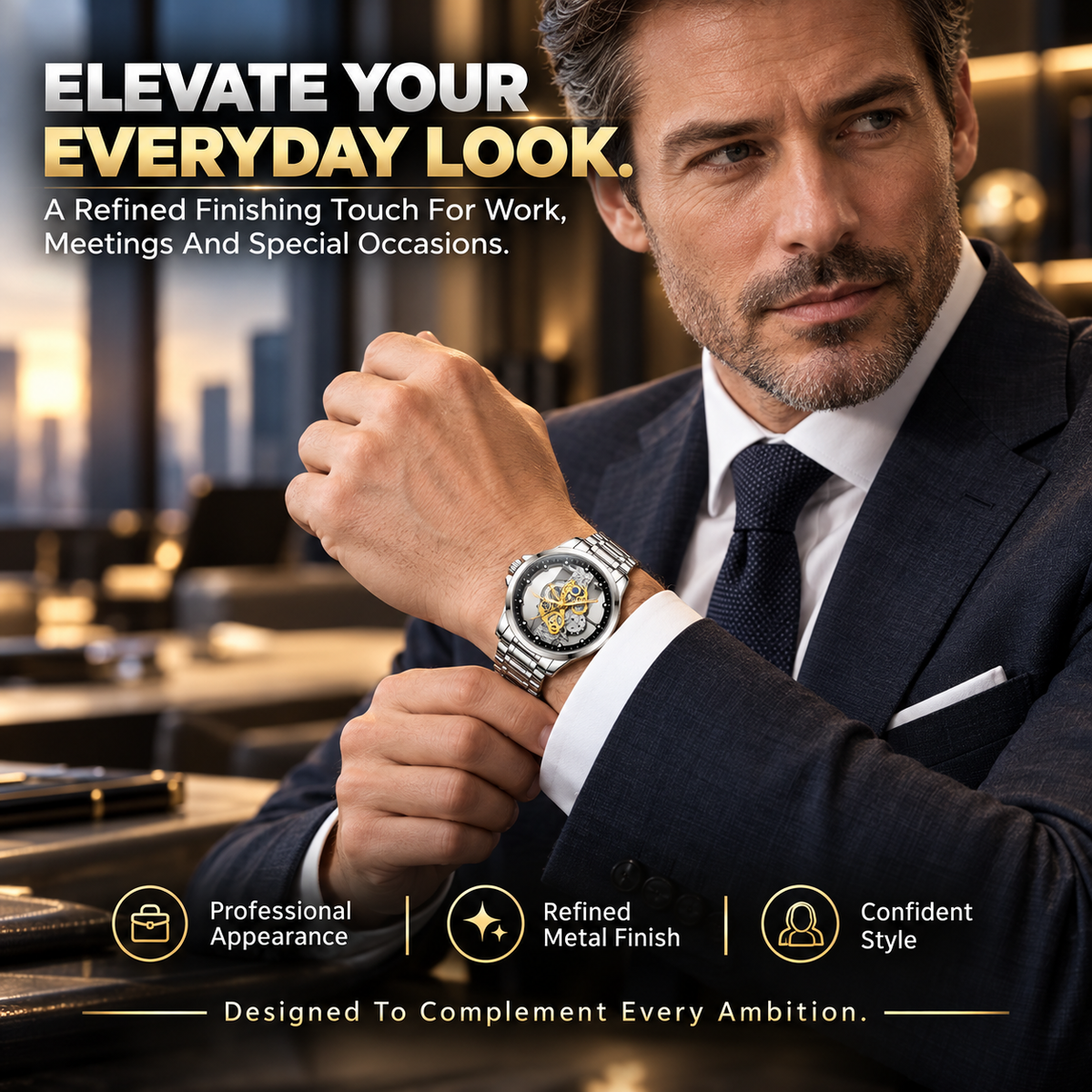 Men's Luxury Skeleton Dial Watch – Stainless Steel Bracelet, Elegant Gold Gear Design & 30M Water Resistant