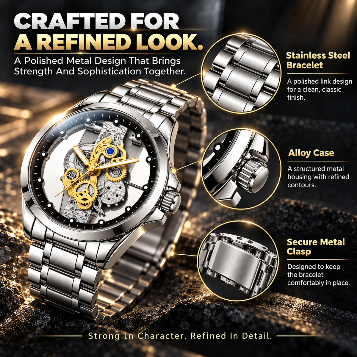 Men's Luxury Skeleton Dial Watch – Stainless Steel Bracelet, Elegant Gold Gear Design & 30M Water Resistant