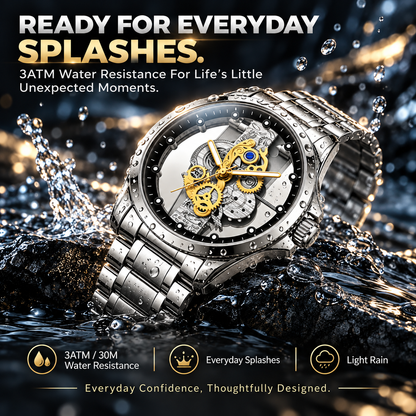 Men's Luxury Skeleton Dial Watch – Stainless Steel Bracelet, Elegant Gold Gear Design & 30M Water Resistant