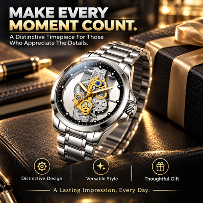Men's Luxury Skeleton Dial Watch – Stainless Steel Bracelet, Elegant Gold Gear Design & 30M Water Resistant