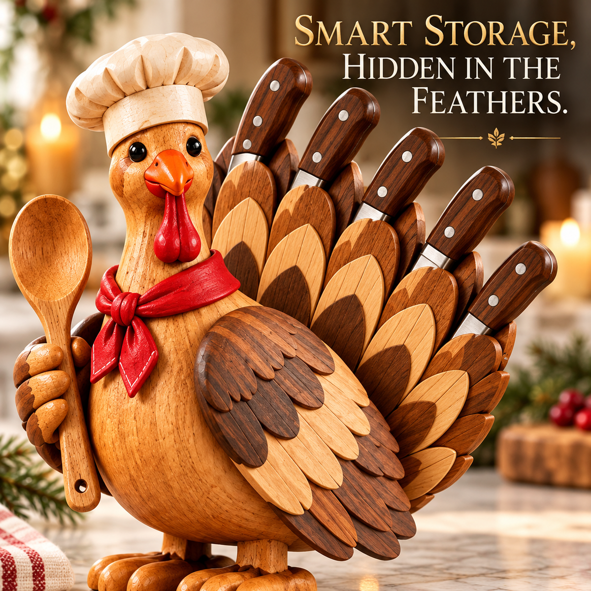 🦃 Wooden Turkey Knife Holder – Thanksgiving Kitchen Counter Decor