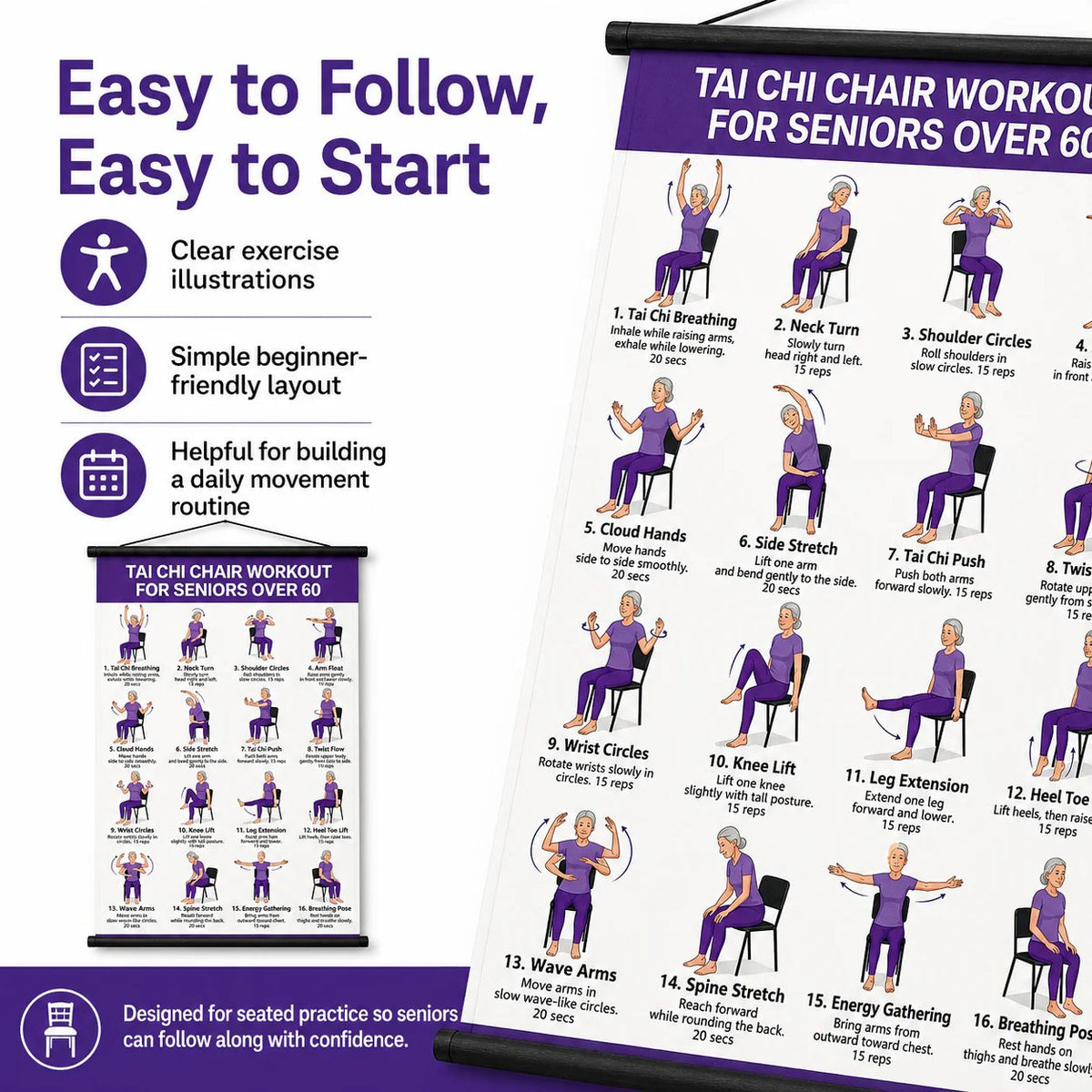 🧘 Daily Chair Tai Chi Exercise Poster | Senior Wellness Training Canvas Wall Art