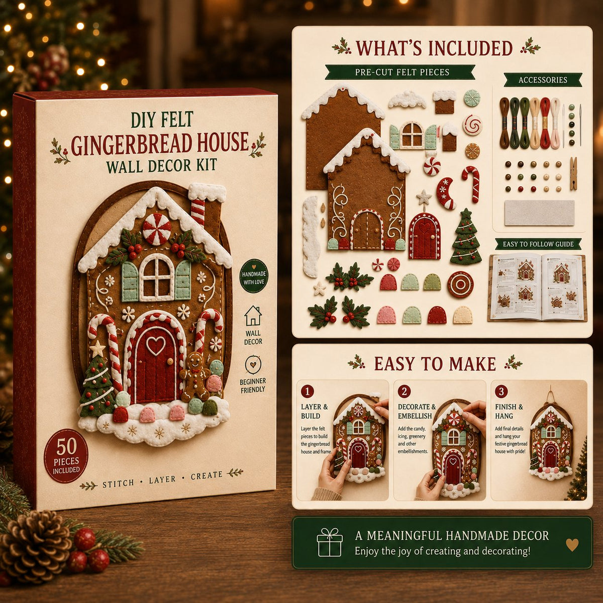 ⏳ Last Day 49% OFF – 🎅 Beginner-Friendly 52-Piece DIY Layered Felt Santa Wall Decor Kit | Complete Kit with All Tools & Step-by-Step Guide Included 💕