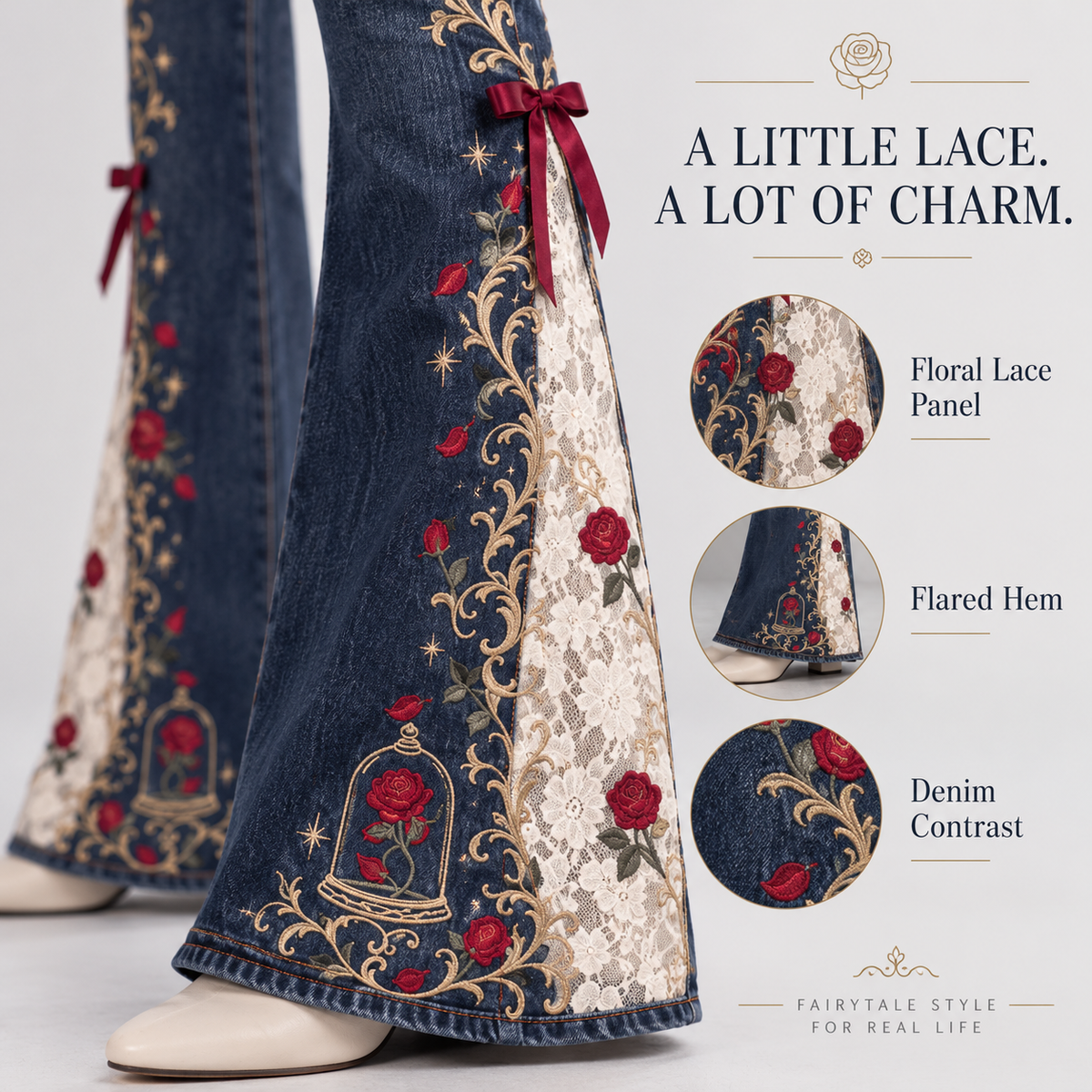 🌹👖 Enchanted Rose – High-Waisted Lace Panel Flare Jeans