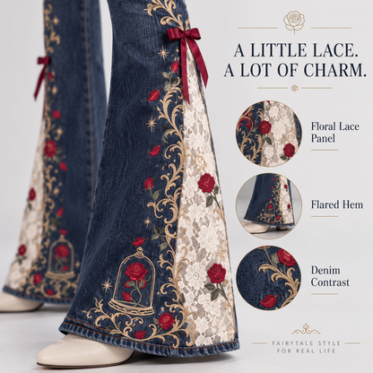 🌹👖 Enchanted Rose – High-Waisted Lace Panel Flare Jeans