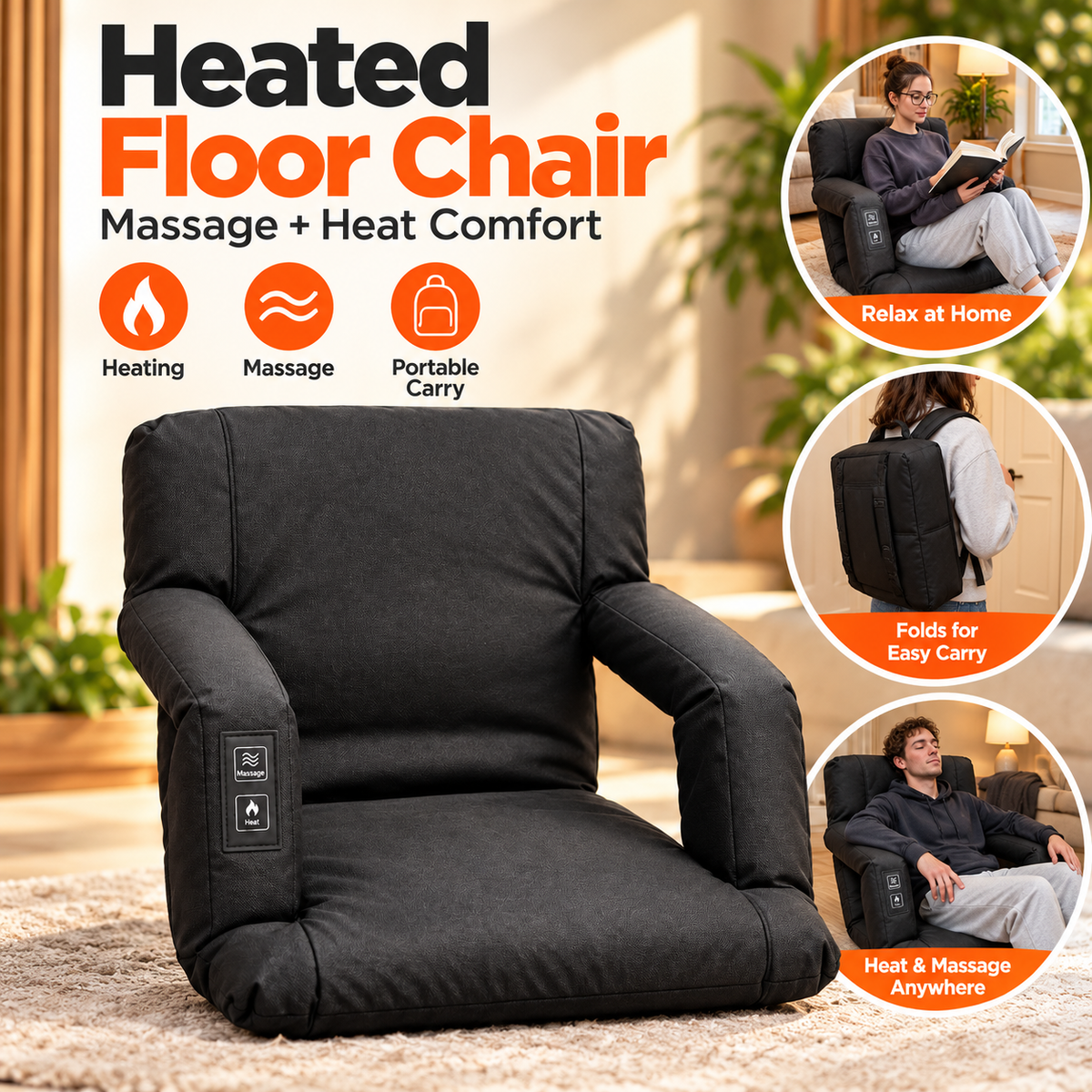 🔥 Heated Massage Floor Chair | Foldable Portable Lounge Seat