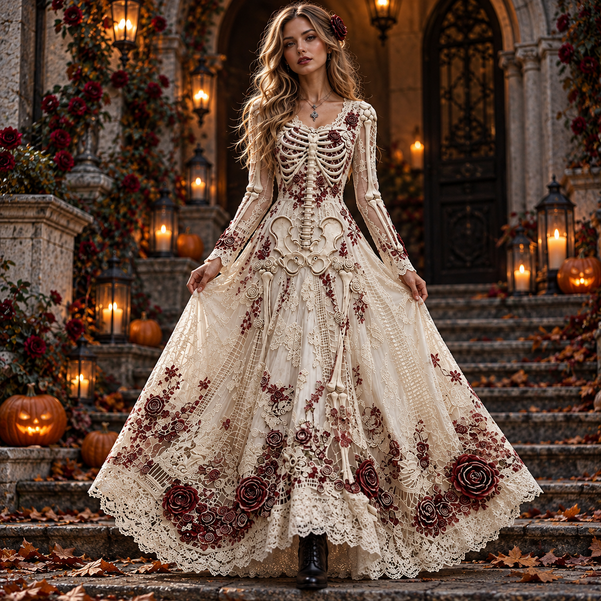 🎃Halloween Deal 49% OFF☠️Women's Gothic Skull & Rose Print Soft Fabric Maxi Dress