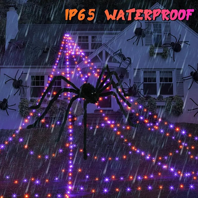 🕷️Light-Up Halloween Spider Web Decor with Timer – Waterproof Purple & Orange LED Spooky Lights for Lawn & Outdoor Party