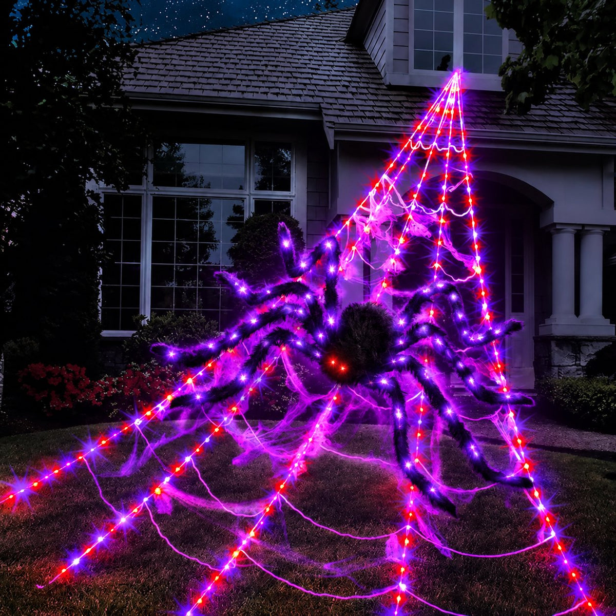 🕷️Light-Up Halloween Spider Web Decor with Timer – Waterproof Purple & Orange LED Spooky Lights for Lawn & Outdoor Party