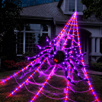 🕷️Light-Up Halloween Spider Web Decor with Timer – Waterproof Purple & Orange LED Spooky Lights for Lawn & Outdoor Party