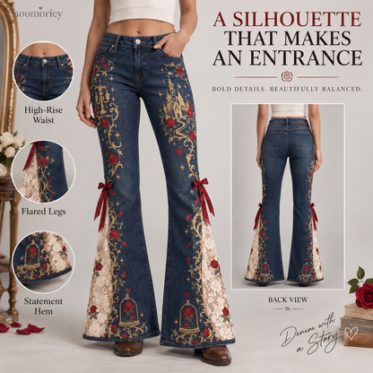 🌹👖 Enchanted Rose – High-Waisted Lace Panel Flare Jeans