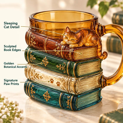 🐱📚 Cozy Book Stack Cat Mug – Whimsical Vintage Coffee Cup for Book & Cat Lovers