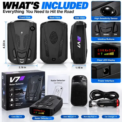 🚗V7 Multi-Band Radar Alert Detector – Voice & LED Alerts with City/Highway Modes