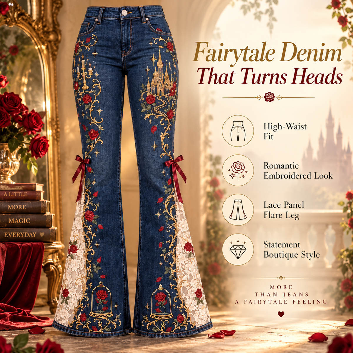 🌹👖 Enchanted Rose – High-Waisted Lace Panel Flare Jeans