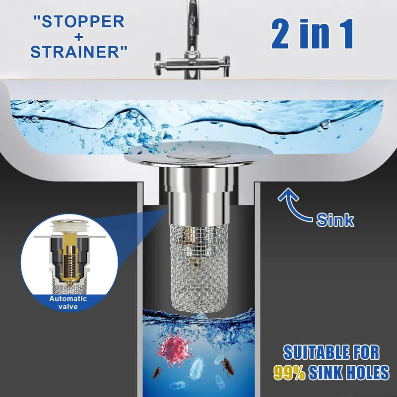 🚰✨ DrainGuard – 2-in-1 Pop-Up Sink Stopper & Stainless Steel Hair Catcher