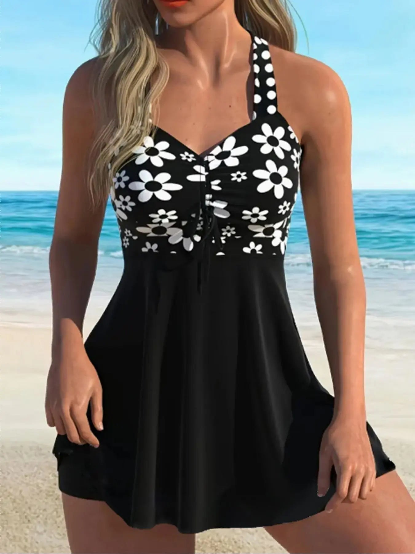 Retro Floral V-Neck Swimdress with Tummy Control Shorts – Flattering Boho Tankini Set, Built-In Bra Slimming Two-Piece Swimsuit for Women