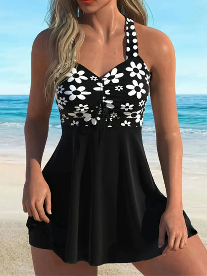 Retro Floral V-Neck Swimdress with Tummy Control Shorts – Flattering Boho Tankini Set, Built-In Bra Slimming Two-Piece Swimsuit for Women