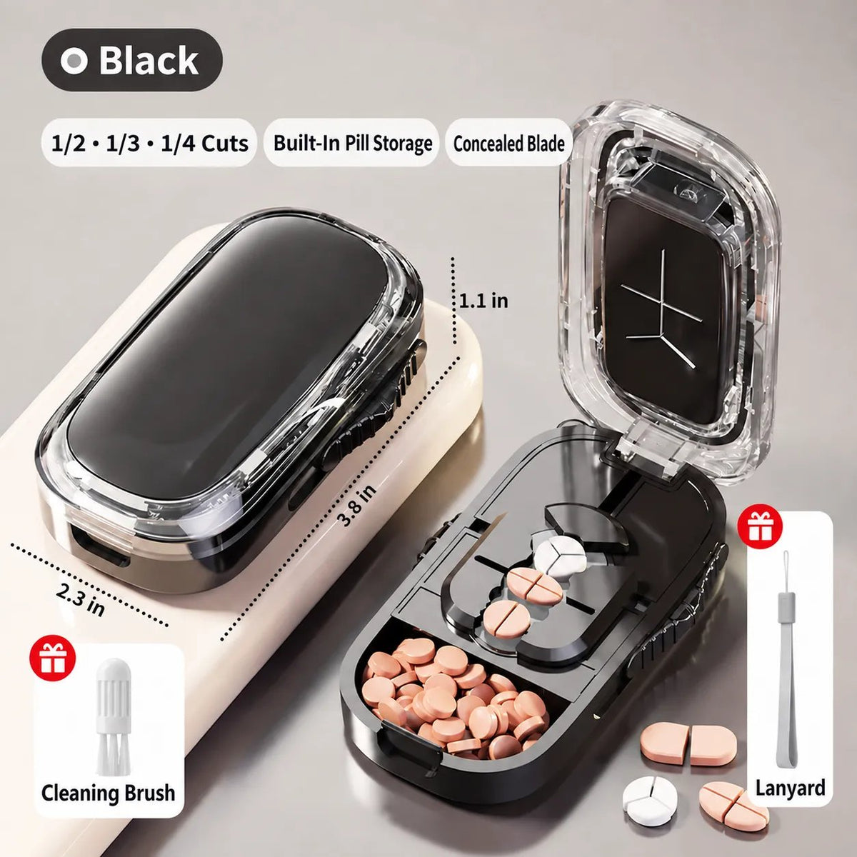 Precision 4-Way Pill Cutter & Storage Case | 1/2, 1/3 & 1/4 Divider